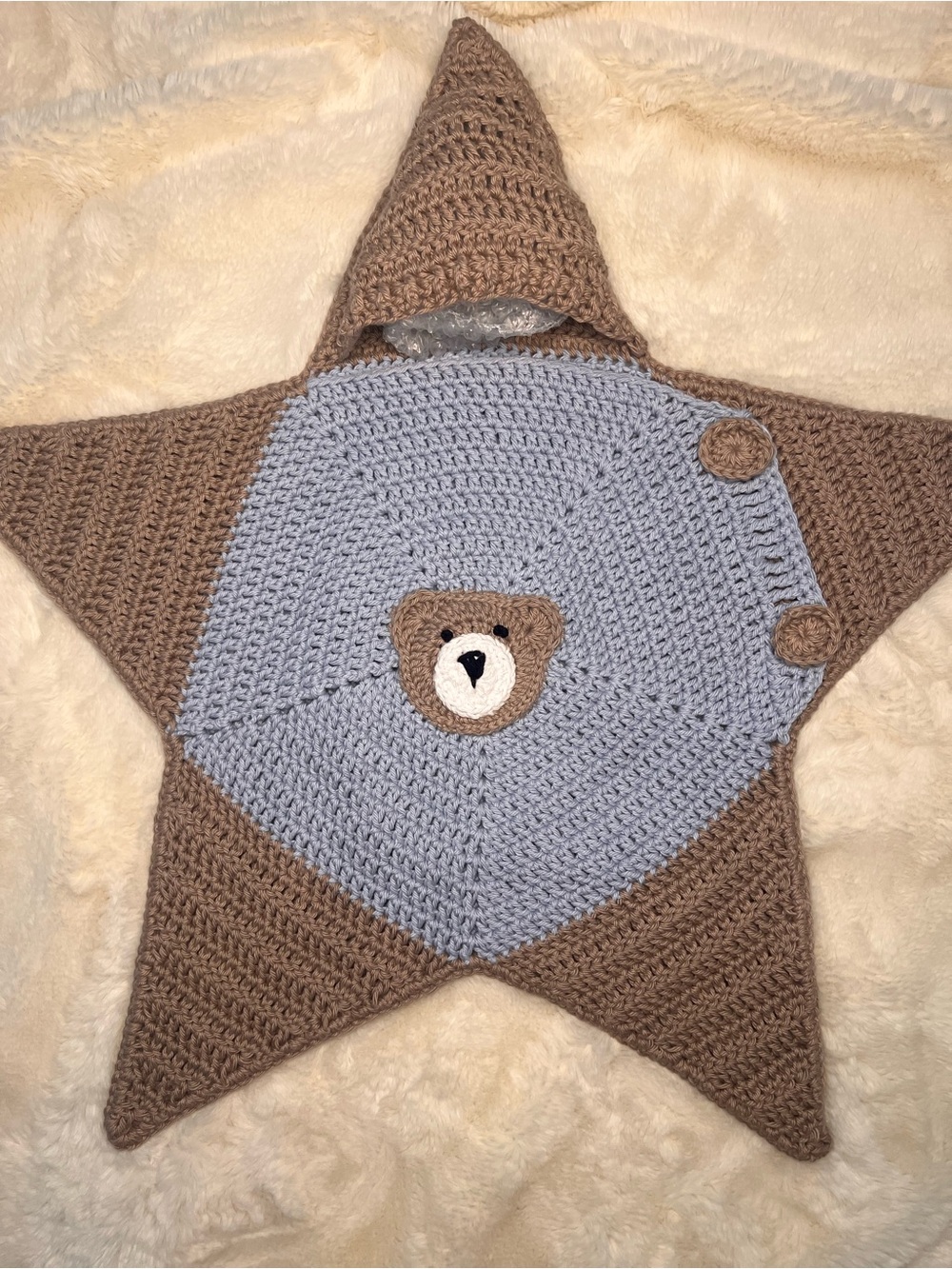 Star-Shaped Crochet Baby Bodysuit with Bear Accent - Blue and Brown